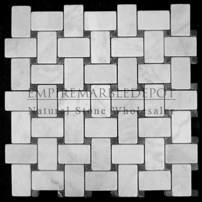 Carrara Marble Italian White Bianco Carrera Basketweave Mosaic Tile with Nero Marquina Black Dots Tumbled